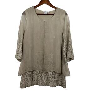Feratelli Women's Top L Beige Embroidered Floral Layered Mesh Lace Lagenlook‎